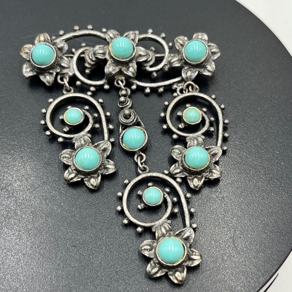 Vintage Silver Tone Faux Turquoise Cabochon Dangle Art Nouveau Brooch